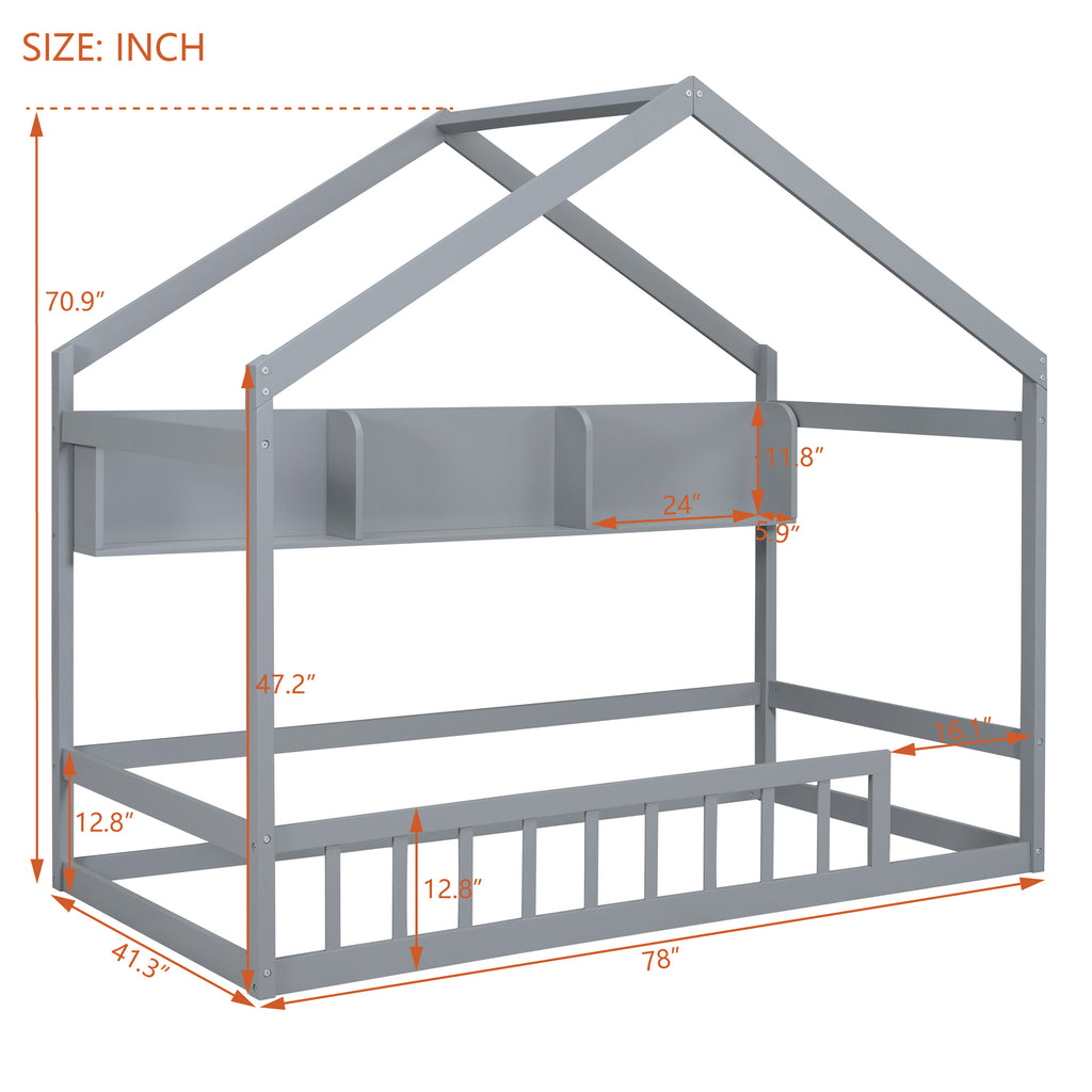 Leoglint Wooden Twin Size House Bed Frame with Storage Shelf,Kids Bed with Fence and Roof, Gray