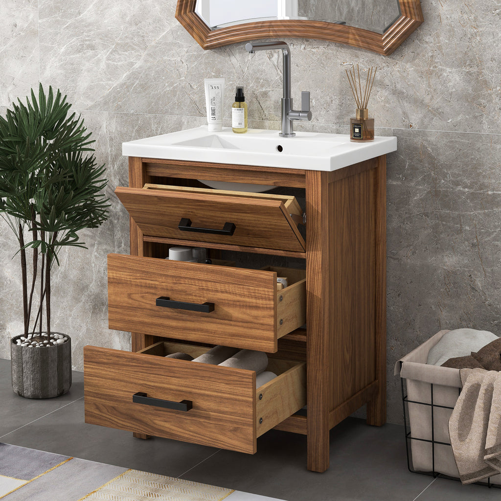 Leoglint 24'' Bathroom Vanity with Ceramic Basin Sink, Modern Bathroom Storage Cabinet with 3 Drawers, Freestanding Bathroom Vanity Cabinet with Single Sink