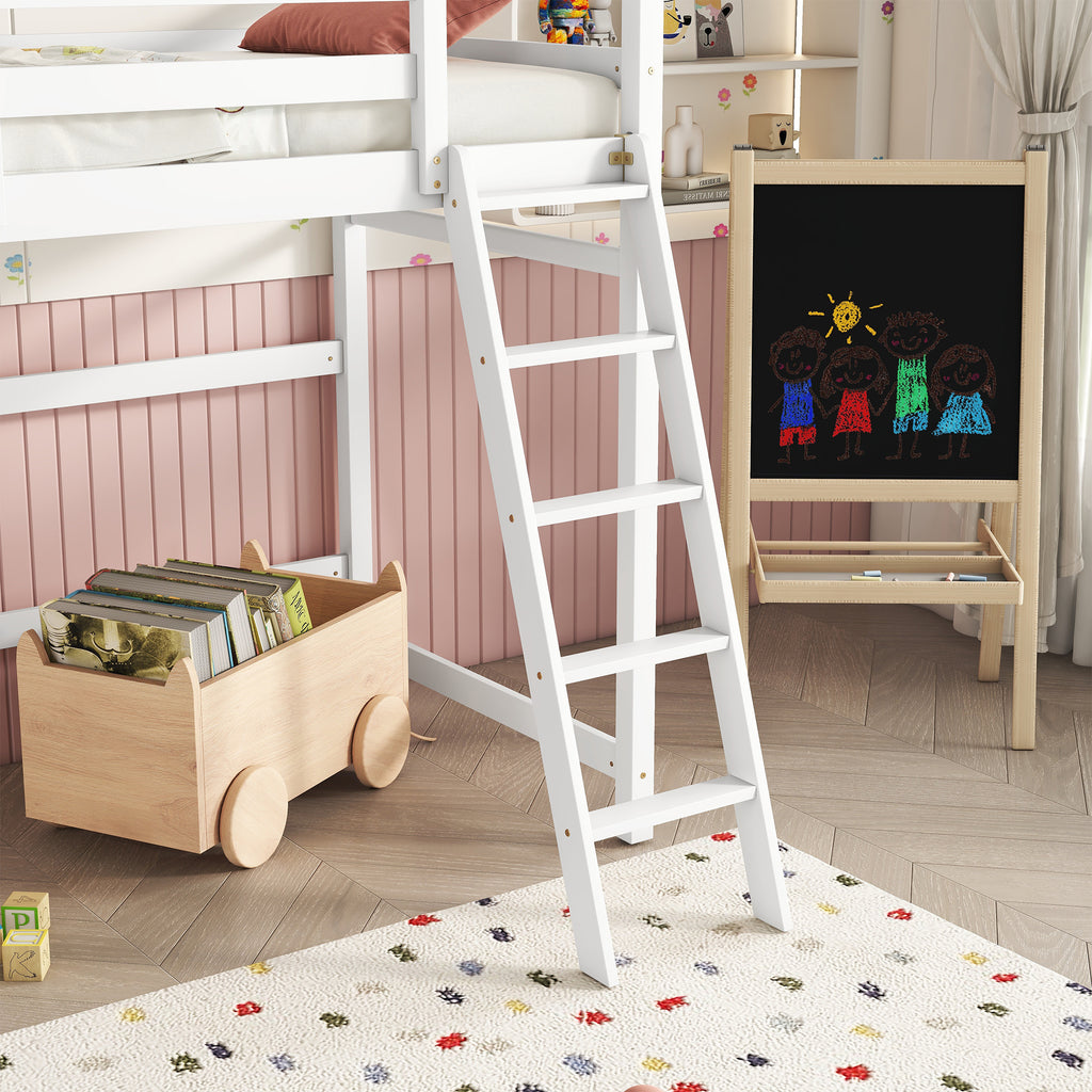 Leoglint Twin Size High Loft Bed Frame with inclined Ladder, Guardrails,White