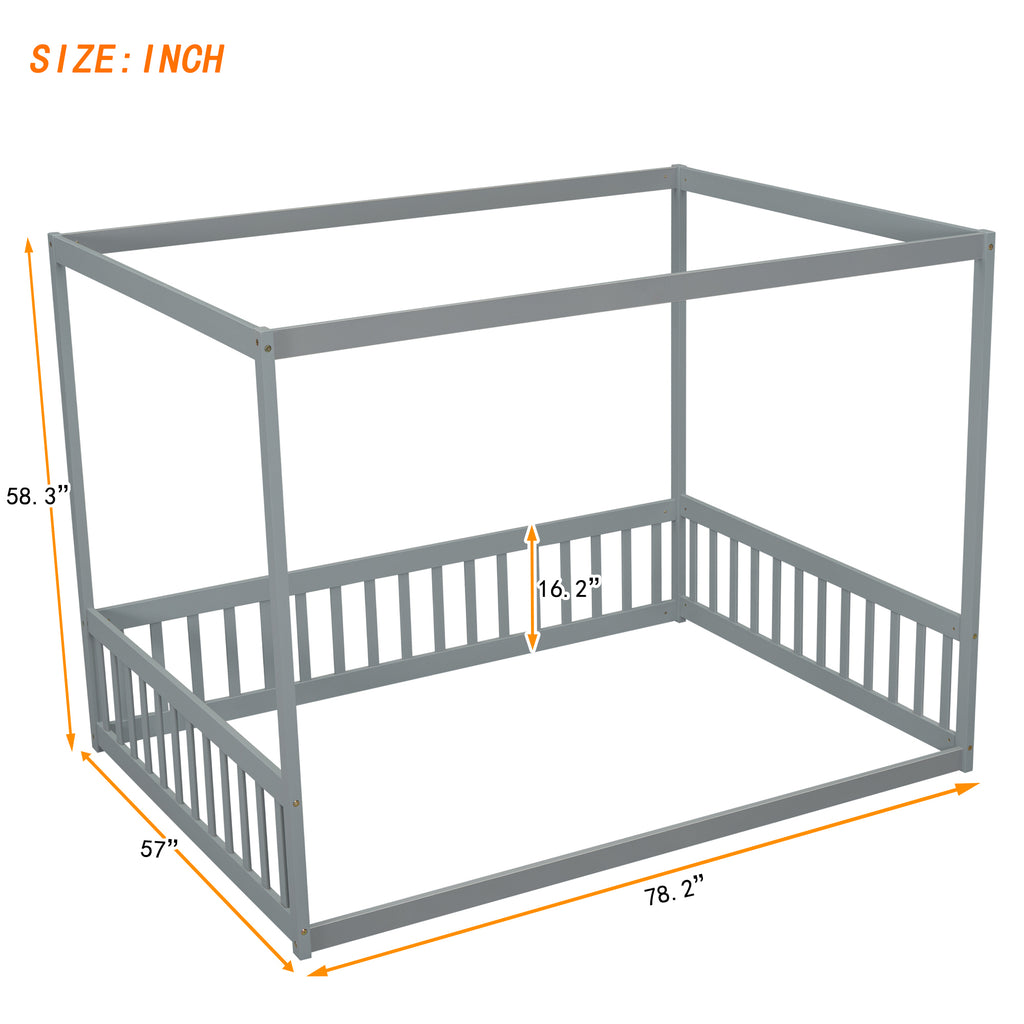 Leoglint Bed Frame Full Size Canopy Frame Floor Bed with Fence, Guardrails,Grey