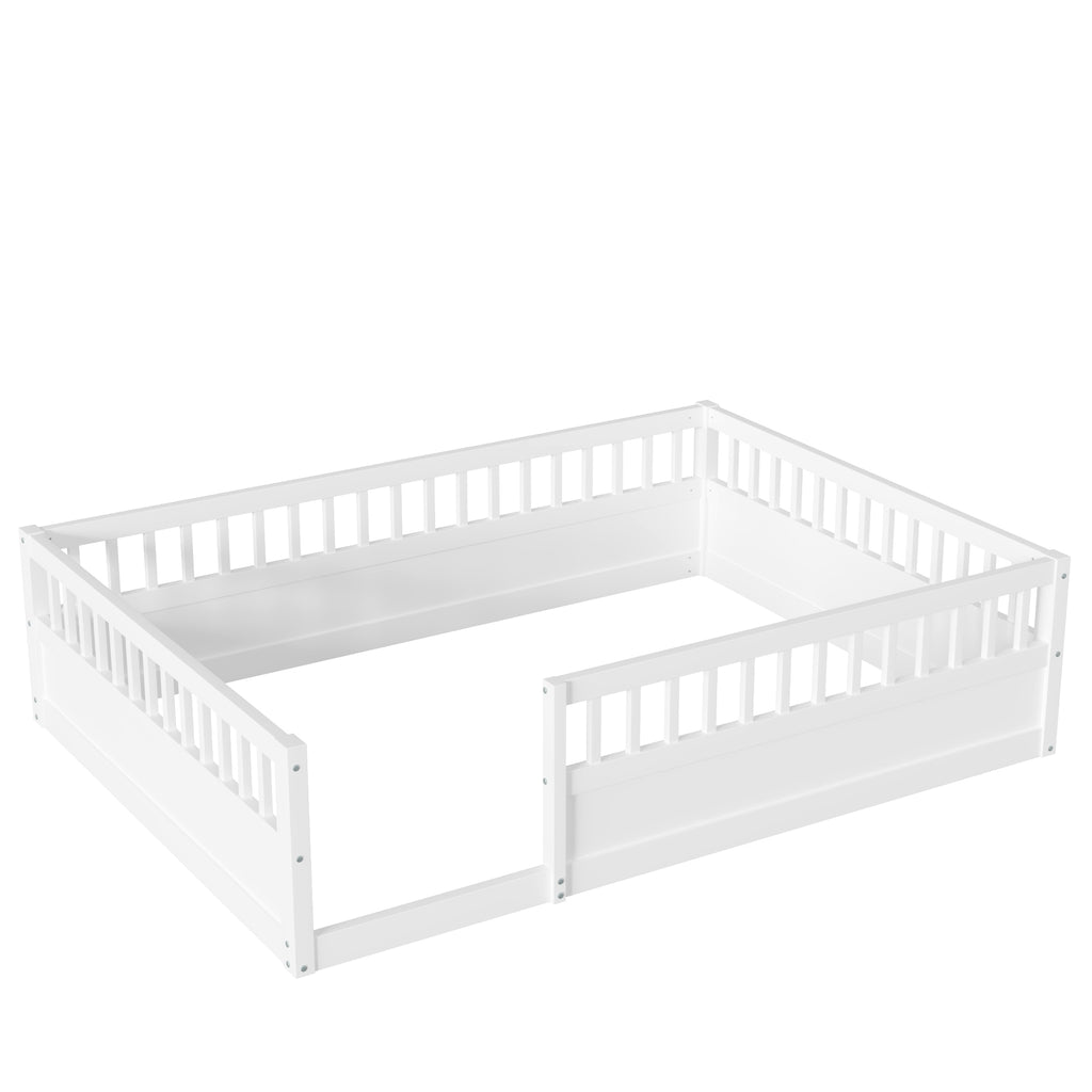 Leoglint Full Floor Bed Frame with Fence, Wood Kids Floor Beds Frame for Bedroom Playroom,White(Expect arrive date Jul. 10th)