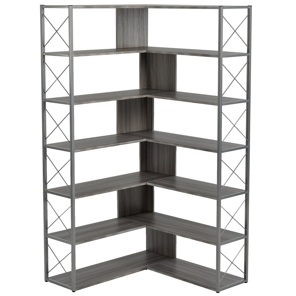 Leoglint Silver+Grey 7-Tier Bookcase Home Office Bookshelf,  L-Shaped Corner Bookcase with Metal Frame, Industrial Style Shelf with Open Storage, MDF Board