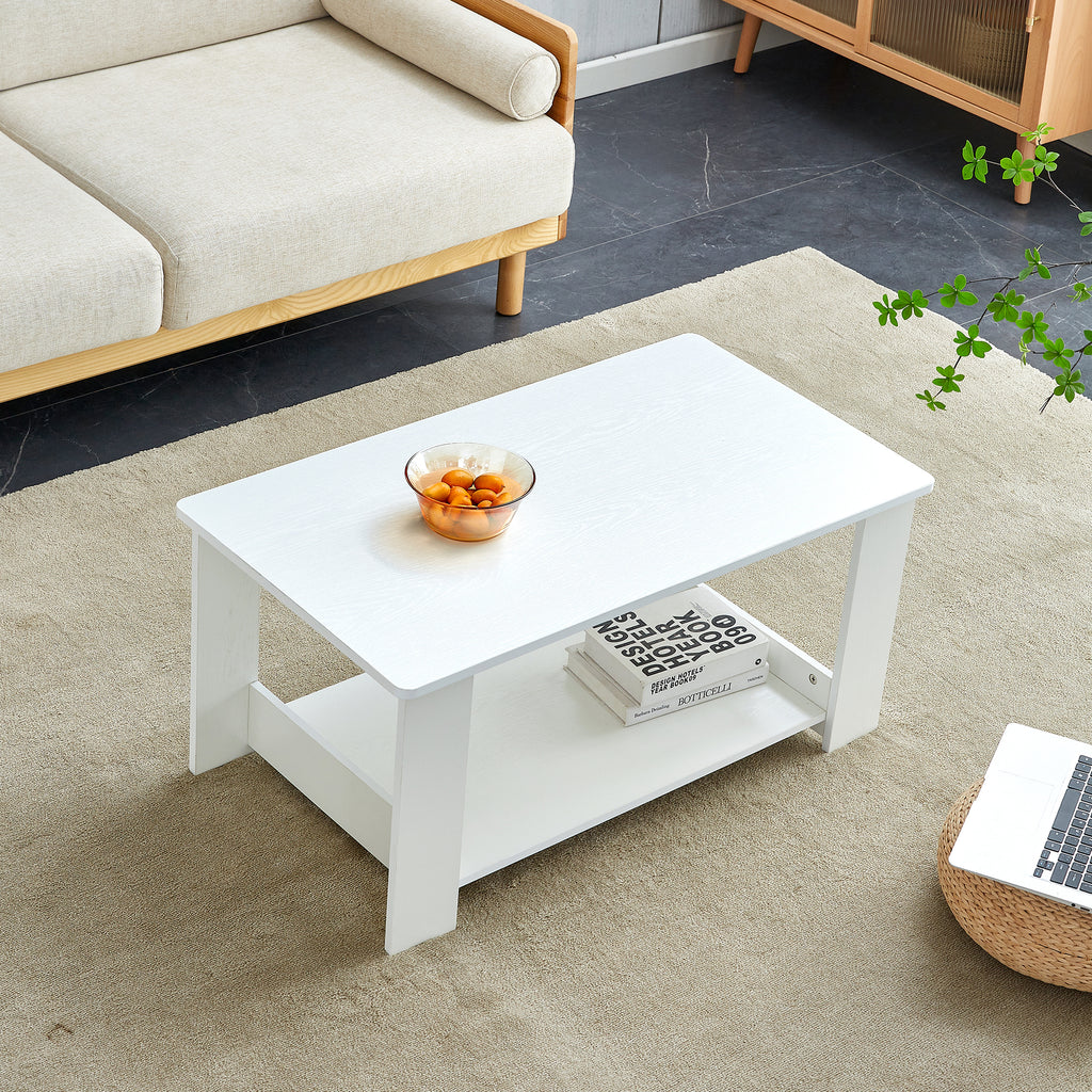 Leoglint A modern and minimalist white double layered rectangular coffee table and coffee table. MDF material is more durable and suitable for living rooms, bedrooms, and study rooms. 19.6 "*35.4"*16.5 "CT-16