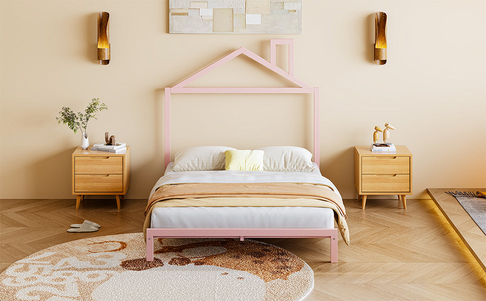 Leoglint Bed Frame Full Size Metal Platform Bed with House-Shaped Headboard Design, Pink