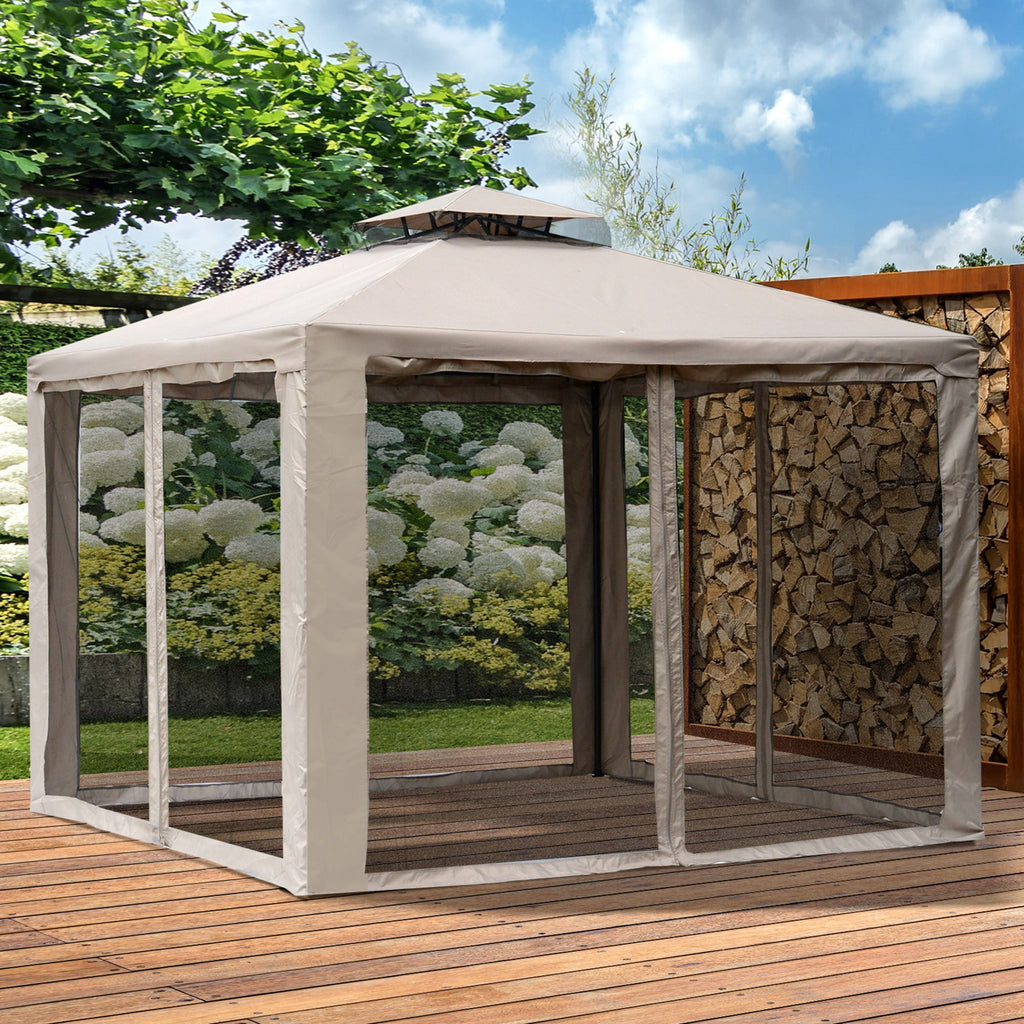 Leoglint 9.6' x 9.6' Patio Gazebo, Outdoor Umbrella Canopy Shelter with 2-Tier Roof and Netting, Steel Frame for Garden, Lawn, Backyard, and Deck, Taupe