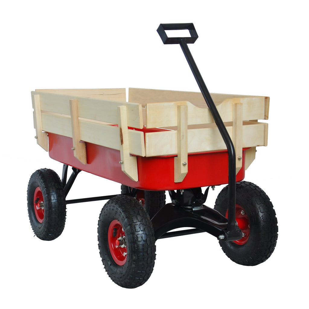 Leoglint Garden cart outdoor sport wagon tools cart wooden side panels air tires Wagon (red)