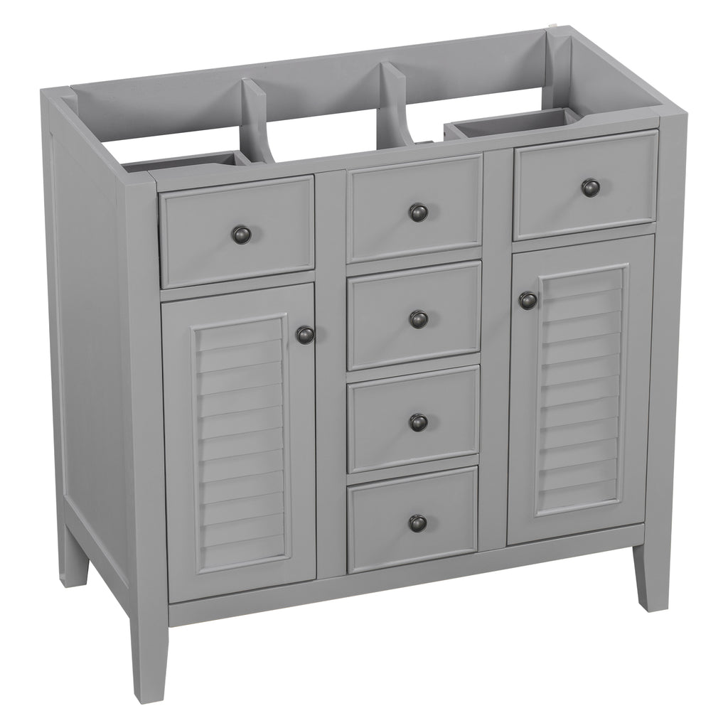 Leoglint 36" Bathroom Vanity without Sink, Cabinet Base Only, Two Cabinets and Five Drawers, Solid Wood Frame, Grey