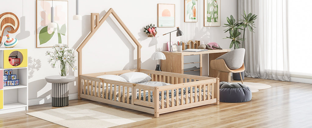 Leoglint Bed Frame Full House-Shaped Headboard Floor Bed with Fence,Natural