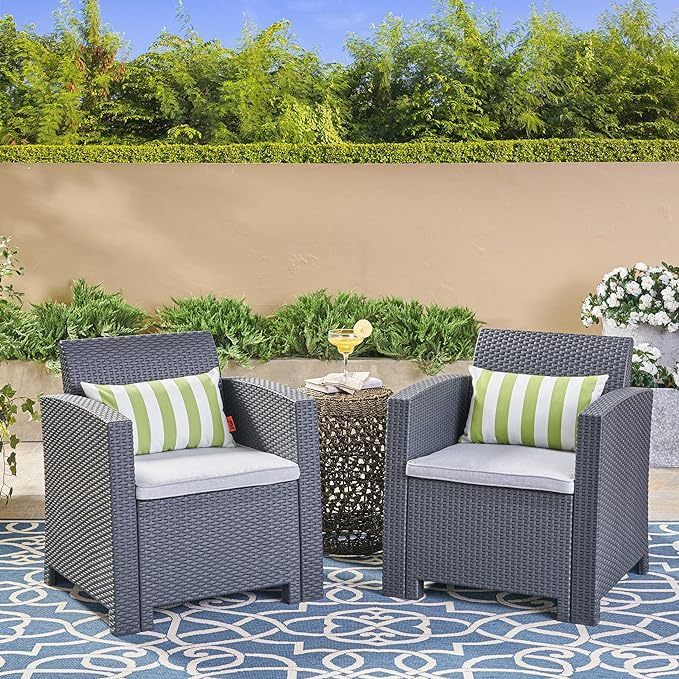 Leoglint Charcoal Faux Wicker Club Outdoor Chairs with Light Grey Water Resistant Cushions