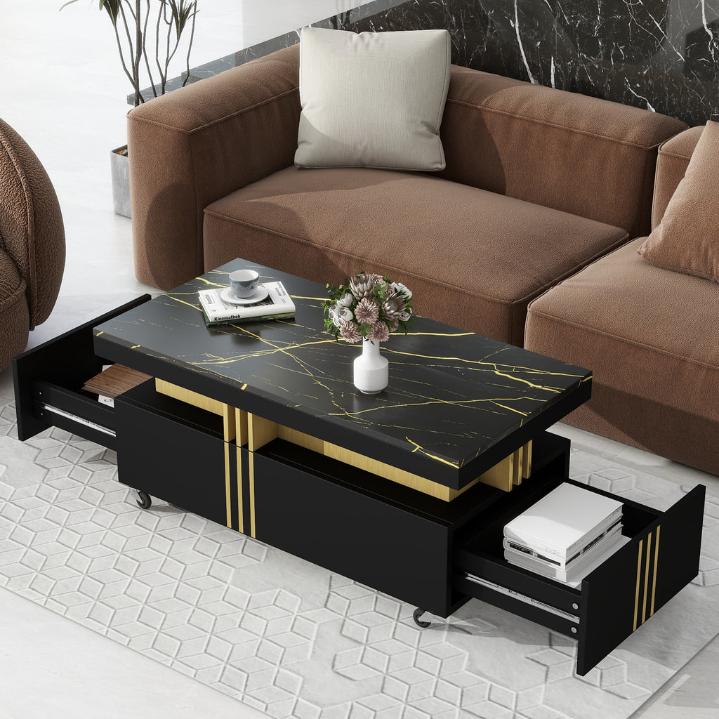 Leoglint [VIDEO provided] ON-TREND Contemporary Coffee Table with Faux Marble Top, Rectangle Cocktail Table with Caster Wheels, Moderate Luxury Center Table with Gold Metal Bars for Living Room, Black