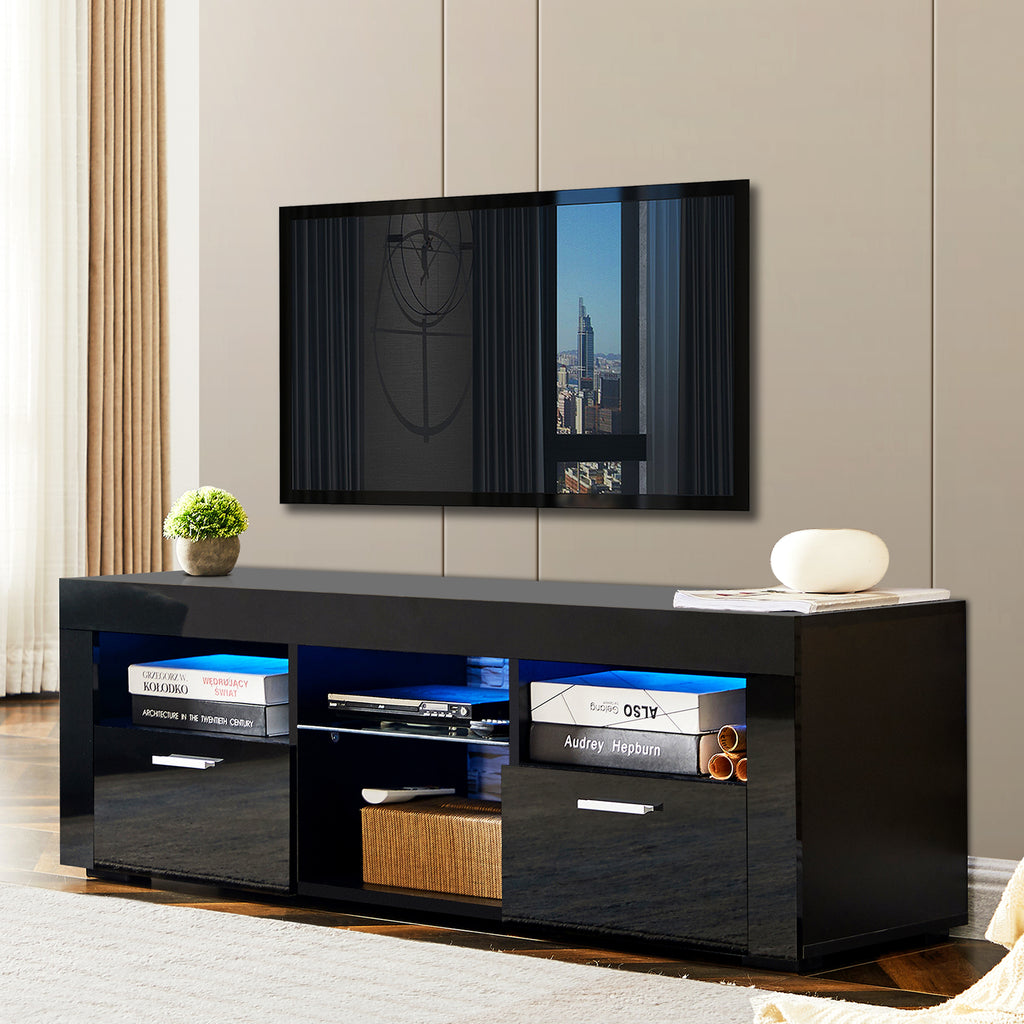 Leoglint Black morden TV Stand with LED Lights,high glossy front TV Cabinet,can be assembled in Lounge Room, Living Room or Bedroom,color:Black