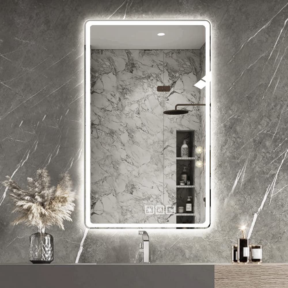 Leoglint 24X40 Inch LED Bathroom Mirror Vanity Mirrors with Front Lights Wall Mounted Anti-Fog Frameless Make Up Mirror with Light 5 mm Copper-Free Silver Mirror Horizontal or Vertical