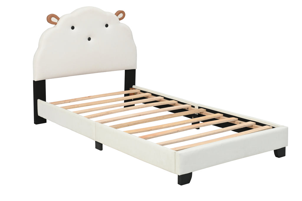 Leoglint Upholstered Twin Size Platform Bed for Kids, Wooden Bed Frame with Slatted Bed Base, No Box Spring Needed, Cute Bed Frame with Sheep Design Headboard for Girls Boys Teens, White