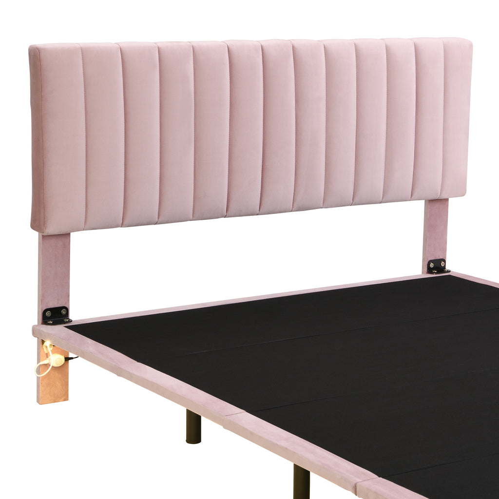 Queen Size Upholstered Bed Frame with Sensor Light and Headboard, Floating Velvet Platform Bed, Pink