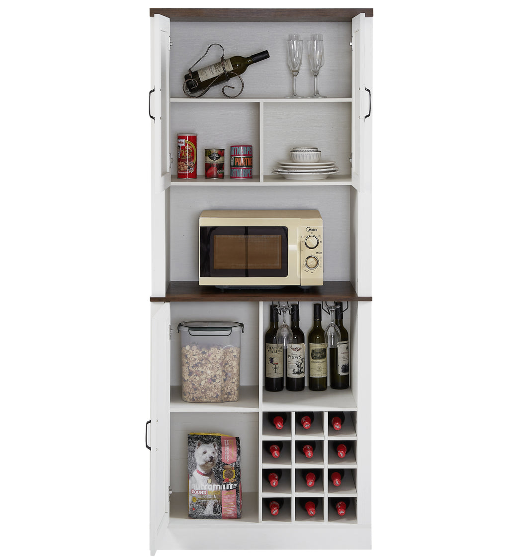 Leoglint Sideboard 76 Inch Tall Farmhouse Kitchen Faux Rattan Wine Cabinet, Kitchen Bar Cabinet with Square Compartments and Shelves, Large Wooden Faux Rattan Storage Cabinet with Barn Doors and Microwave Shelves