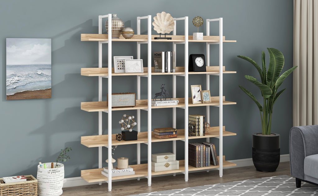 Leoglint 5 Tier Bookcase Home Office Open Bookshelf, Vintage Industrial Style Shelf, MDF Board, White Metal Frame, Oak