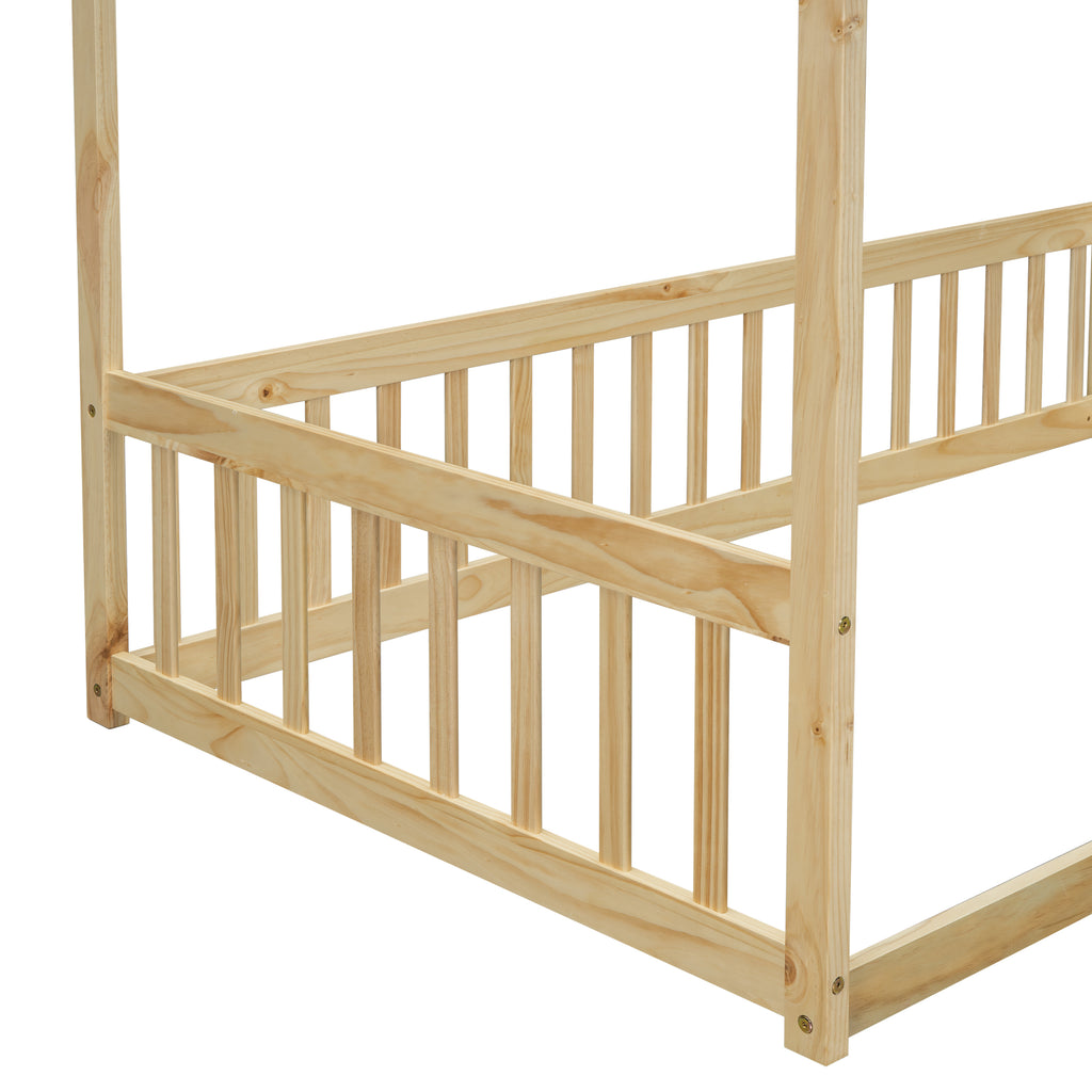 Leoglint Twin Size Canopy Frame Floor Bed Frame with Fence, Guardrails,Natural