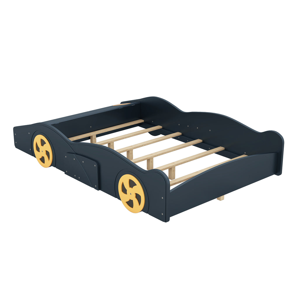 Leoglint Bed Frame Full Size Race Car-Shaped Platform Bed with Wheels and Storage, Dark Blue+Yellow