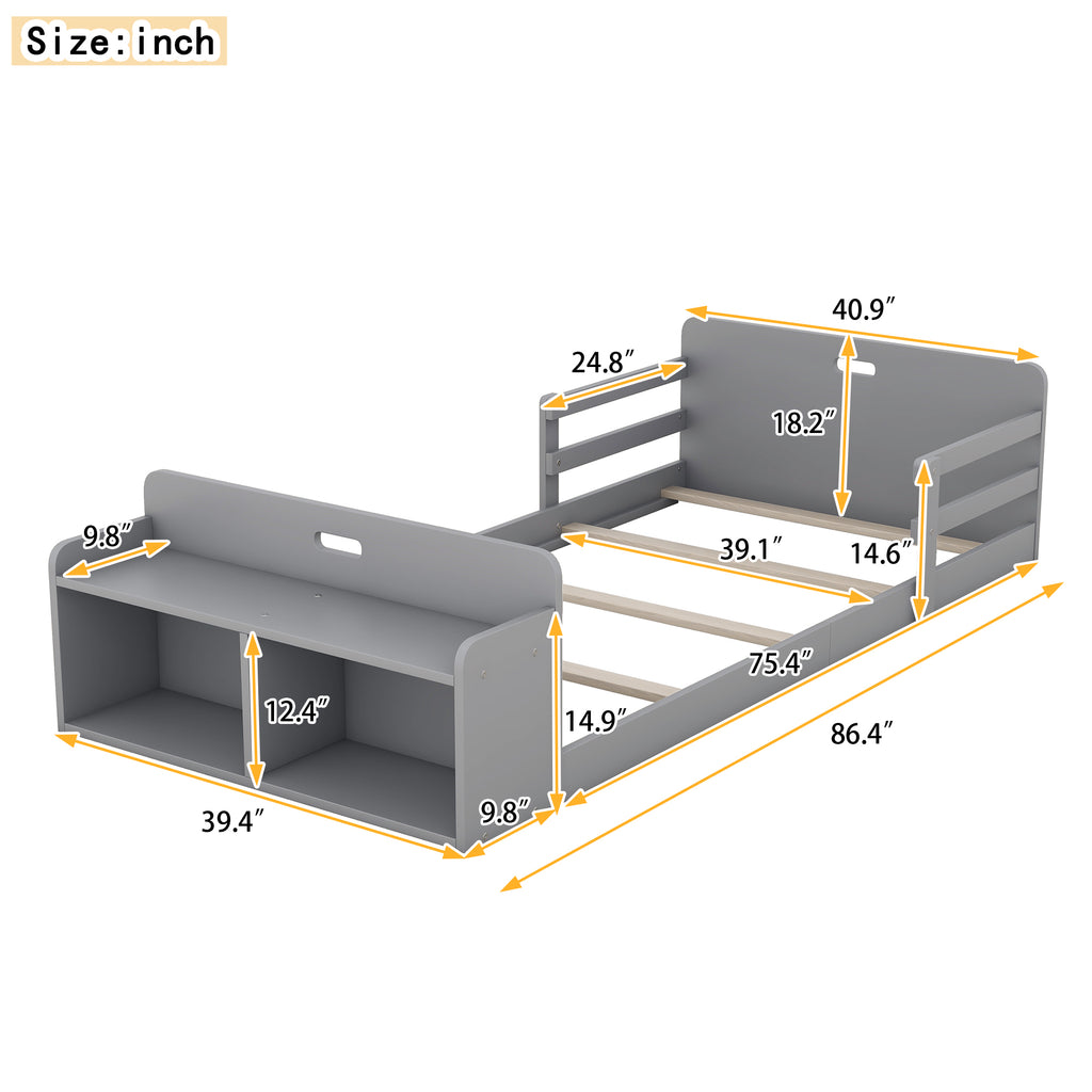 Leoglint Twin Size Floor Bed Frame with Storage Footboard and Guardrail, Grey