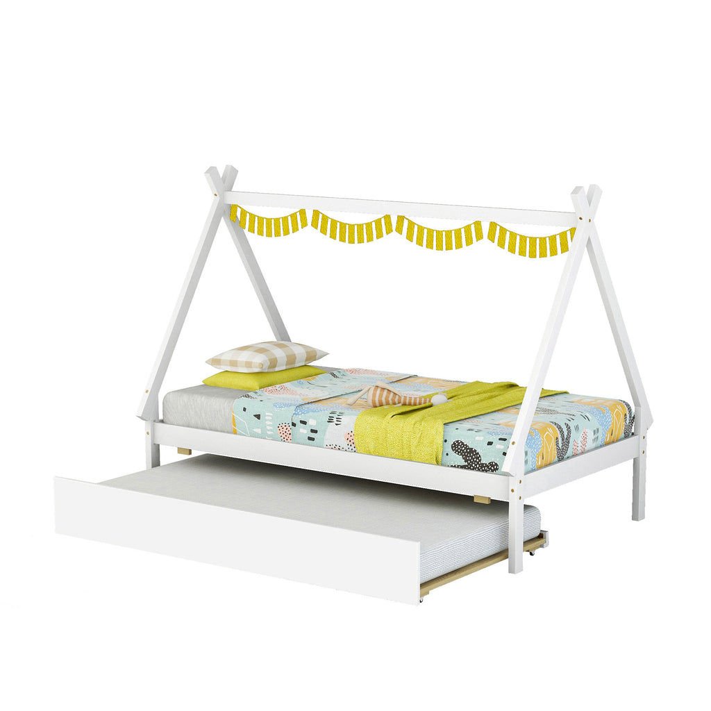 Leoglint Twin size Tent Floor Bed Frame, Teepee Bed, with Trundle,White