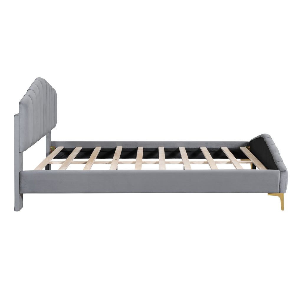 Queen Size Velvet Platform Bed Frame with Thick Fabric, Stylish Stripe Decorated Bedboard and Elegant Metal Bed Leg, Gray