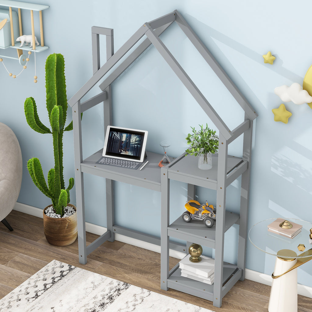 Leoglint House-shaped Wooden writing Desk,Kids study Table,Bookshelf & Toy Storage,Grey