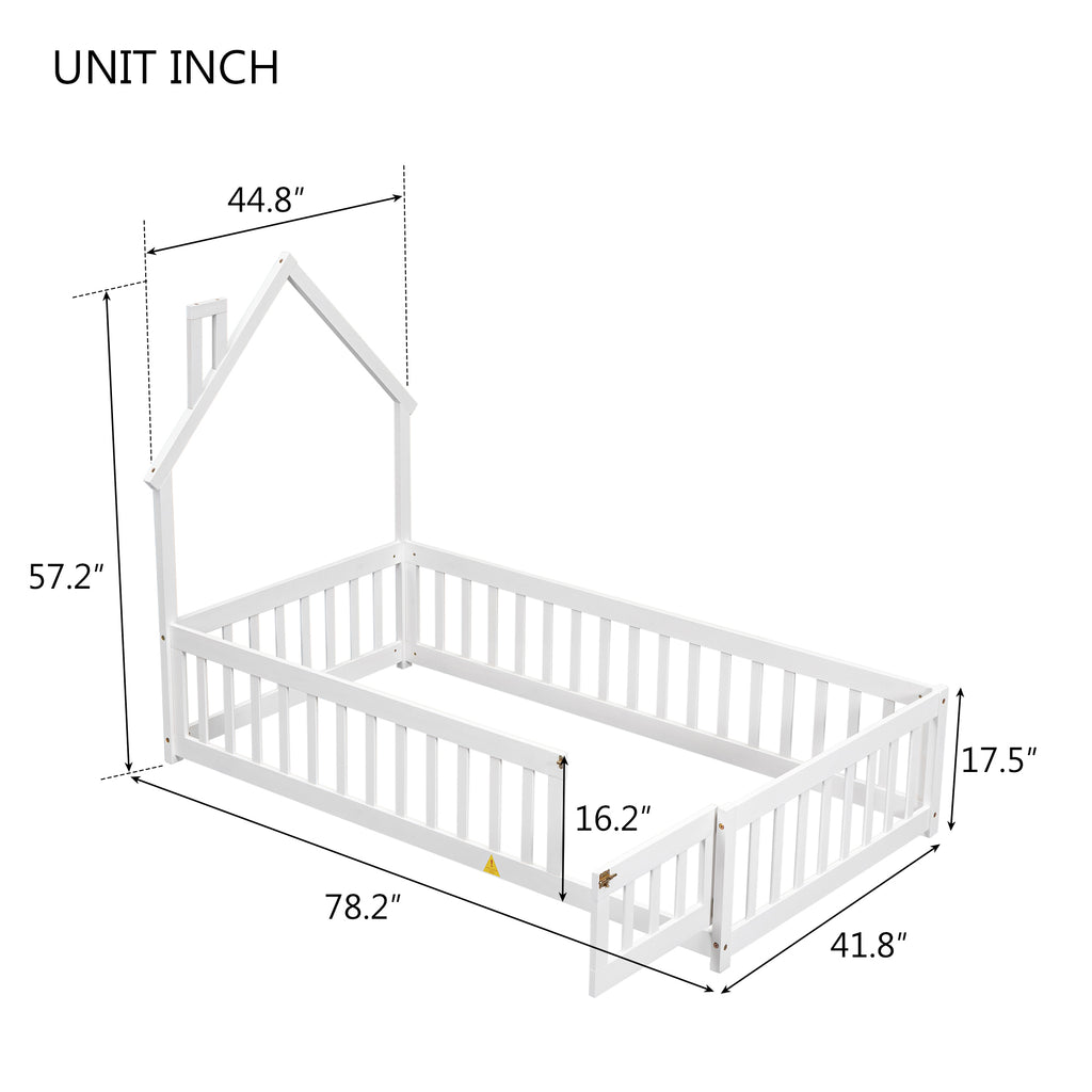 Twin House-Shaped Headboard Floor Bed Frame with Fence,White