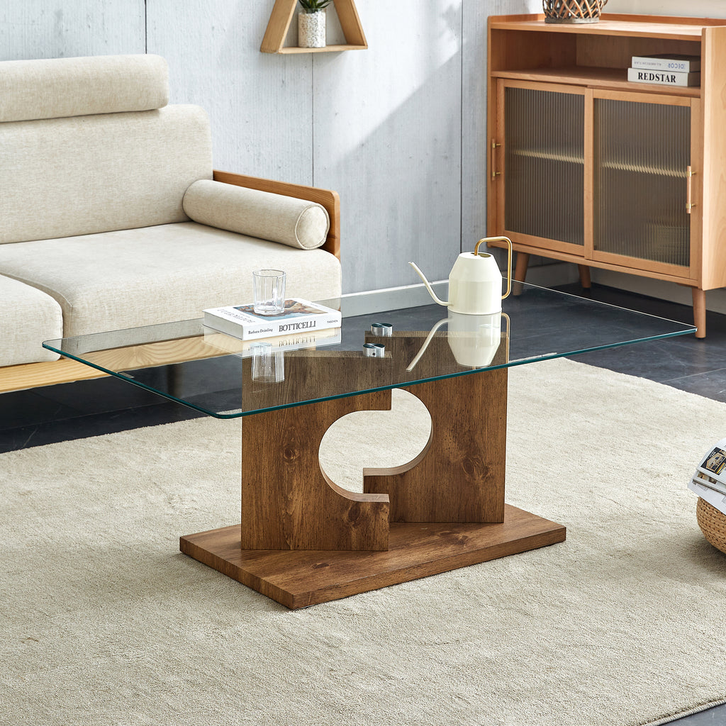 Leoglint A rectangular modern and fashionable coffee table with tempered glass tabletop and wooden color MDF legs. Suitable for living room.47.2"*25.5"*18"