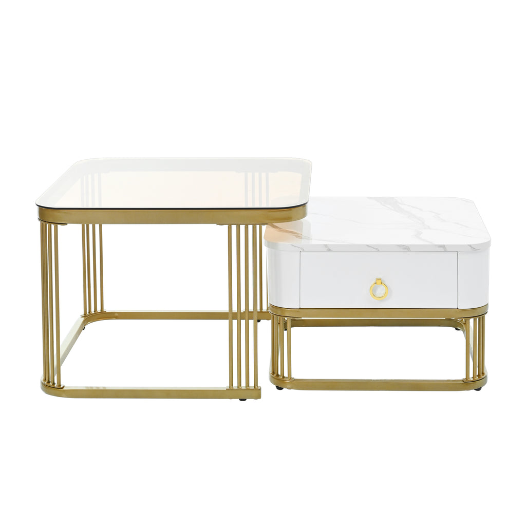 Leoglint ON-TREND Nesting Coffee Table with Drawer, Set of 2, Exquisite Square Stacking Coffee Tables with Brown Tempered Glass, Side Table with High Gloss Marble Grain Tabletop for Living Room, White