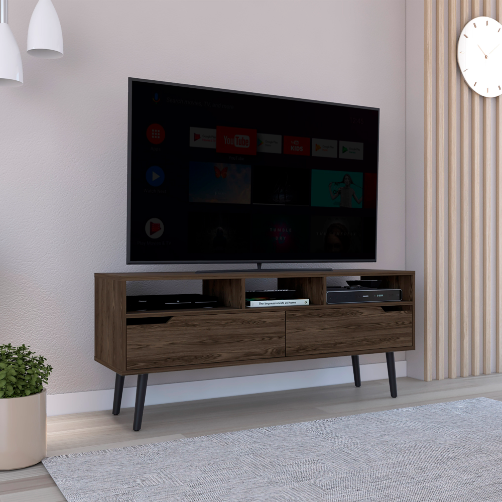 Leoglint Kobe Tv Stand for TV´s up 52", Three Open Shelves, Two Flexible Drawers, Dark Walnut