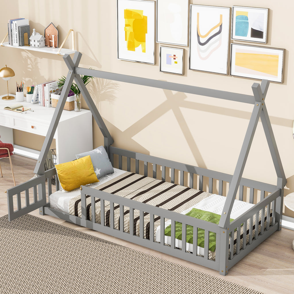 Leoglint Twin Tent-shaped Floor Bed Frame, with Guardrails, Slats, Door ,Grey