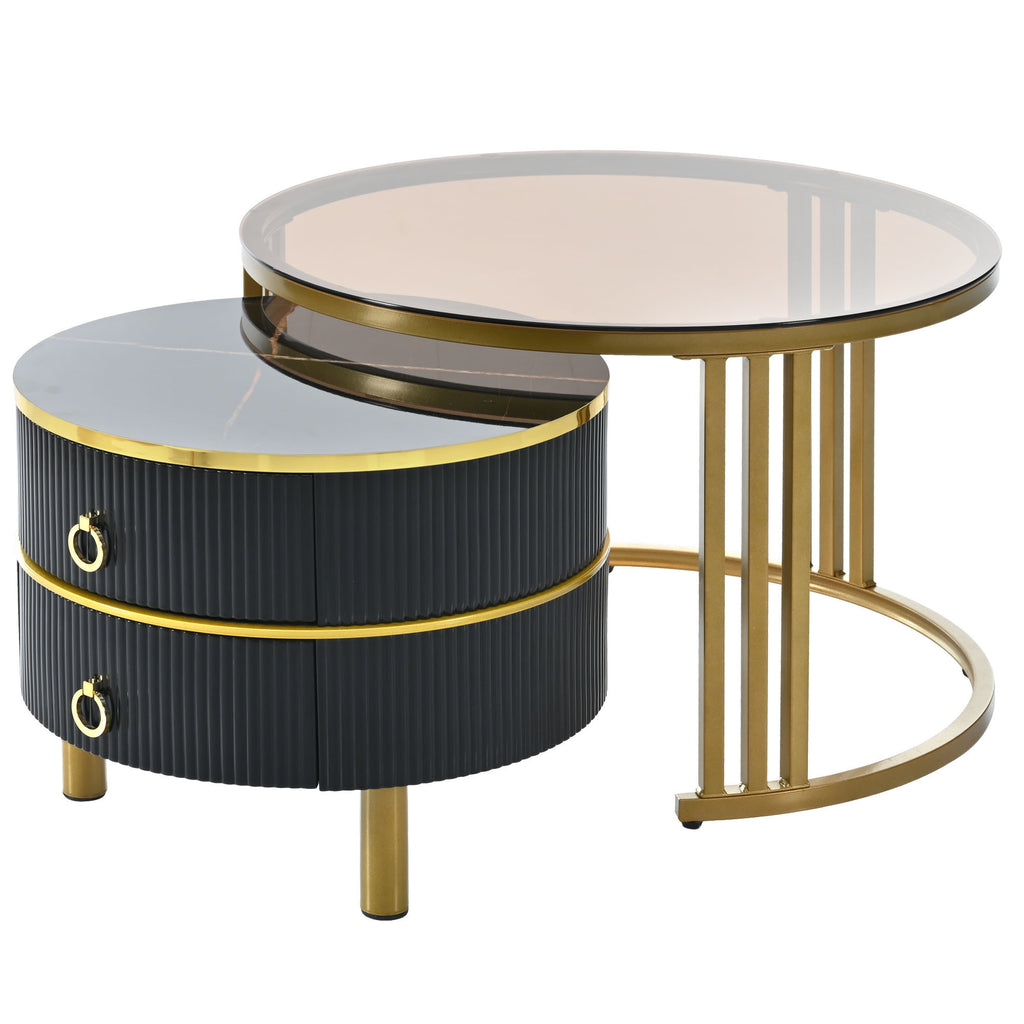 Leoglint ON-TREND Φ27.5'' & Φ19.6'' Stackable Coffee Table with 2 Drawers, Nesting Tables with Brown Tempered Glass and High Gloss Marble Tabletop, Set of 2, Round Center Table for Living Room, Black