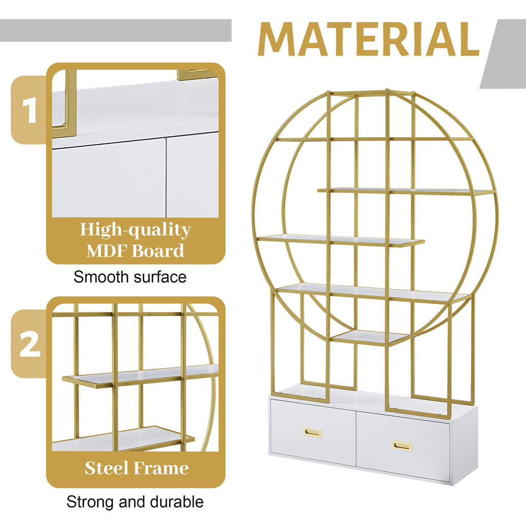 Leoglint 70.8 Inch Round Office Bookcase Bookshelf, Display Shelf, Two Drawers, Gold Frame