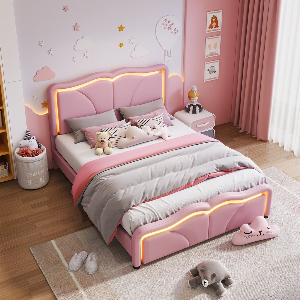 Leoglint Full Size Upholstered Platform Bed Frame with Curve Shaped and Height-adjustbale Headboard,LED Light Strips,Pink