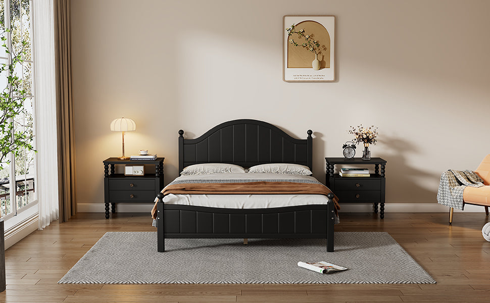 Traditional Concise Style Black Solid Wood Platform Bed Frame, No Need Box Spring, Full