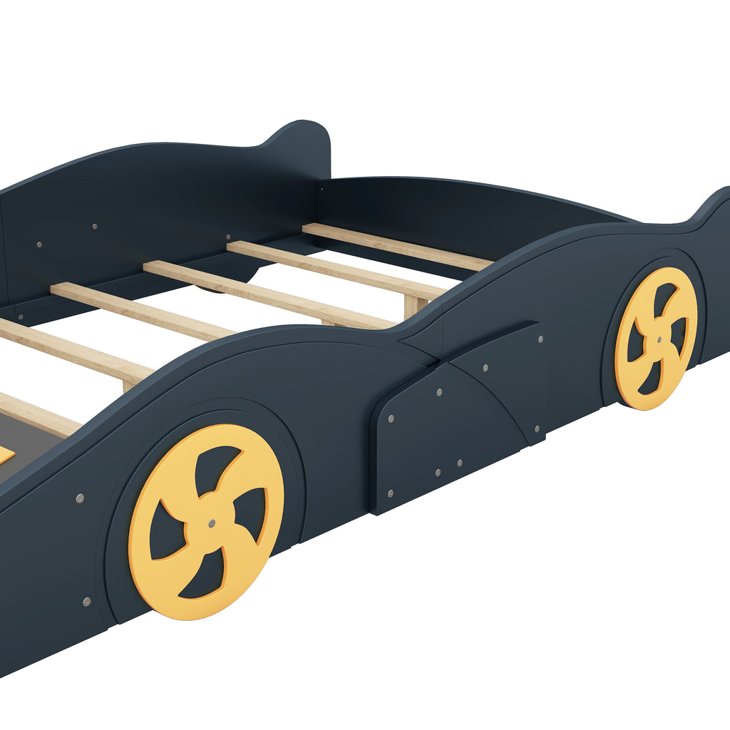 Leoglint Bed Frame Full Size Race Car-Shaped Platform Bed with Wheels and Storage, Dark Blue+Yellow