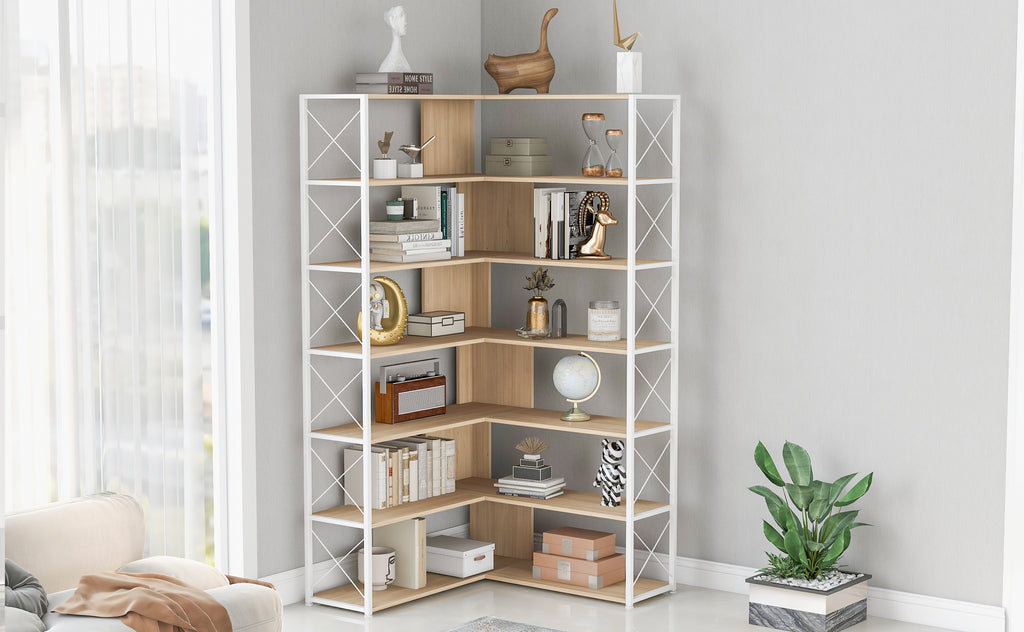 Leoglint 7-Tier Bookcase Home Office Bookshelf,  L-Shaped Corner Bookcase with Metal Frame, Industrial Style Shelf with Open Storage, MDF Board