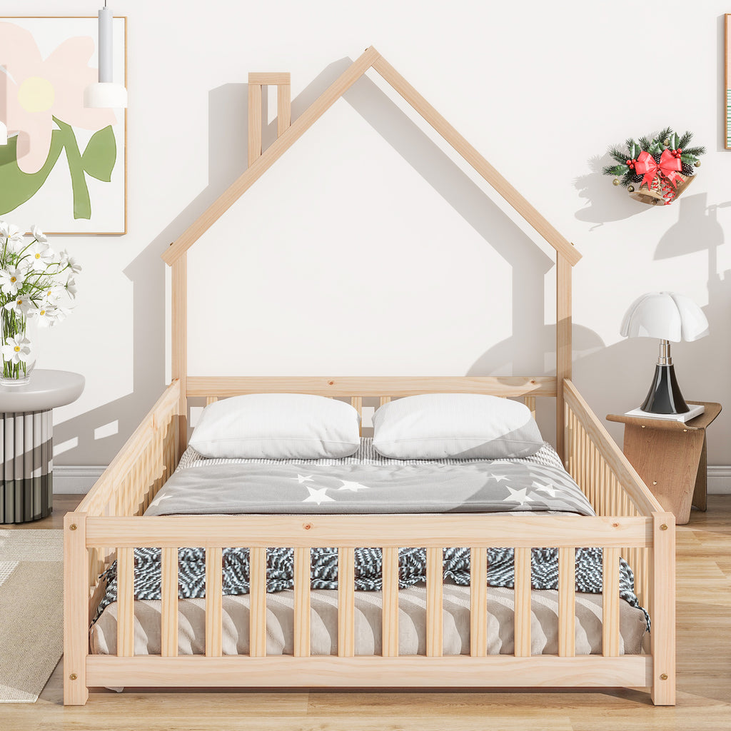 Leoglint Bed Frame Full House-Shaped Headboard Floor Bed with Fence,Natural