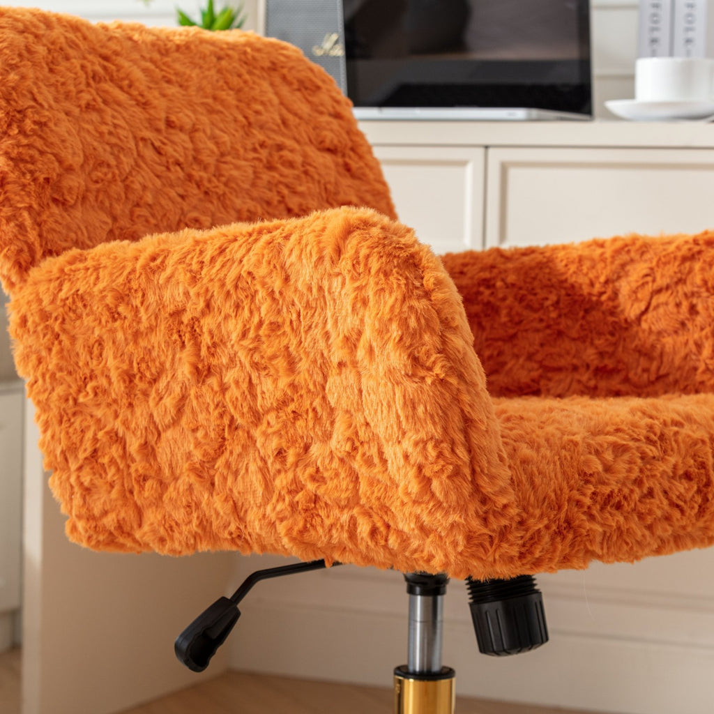 Leoglint A&A Furniture Office Chair,Artificial rabbit hair Home Office Chair with Golden Metal Base,Adjustable Desk Chair Swivel Office Chair,Vanity Chair(Orange)