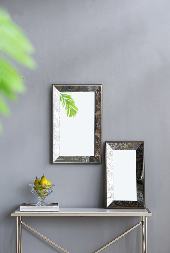 Leoglint 20" x 12" Antique Silver Rectangle Mirror with Floral Accents, Mirrored Display Tray, Hanging Wall Mirror