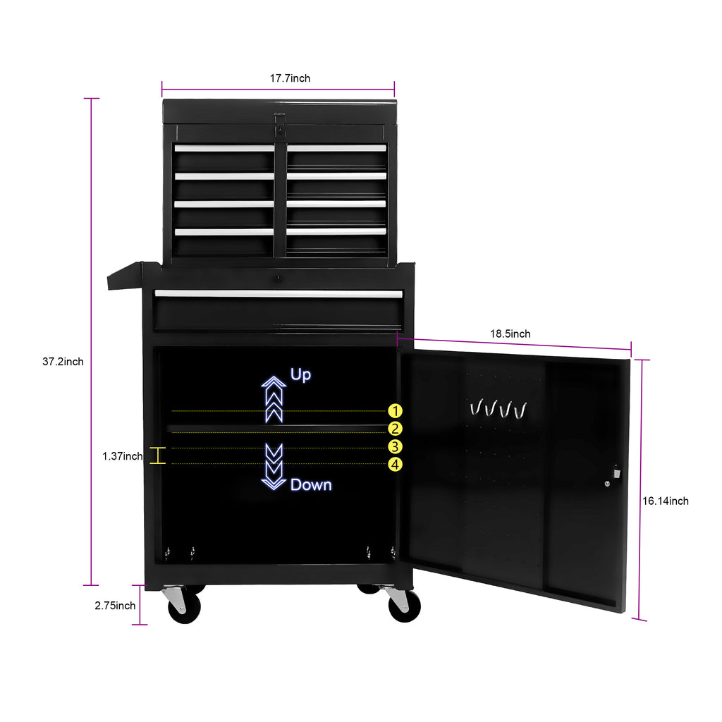 Leoglint Detachable 5 Drawer Tool Chest with Bottom Cabinet and One Adjustable Shelf--Black