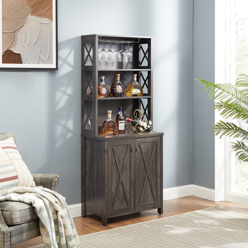 Leoglint Sideboard Coffee Bar Cabinet Kitchen Cabinet with Microwave Stand Metal Frame Side Home Source Bar Cabinet Cabinet and Hollow out Barn Design Wood Cabinet L26.77''*W15.75''*H67.32'' Charcoal Gray