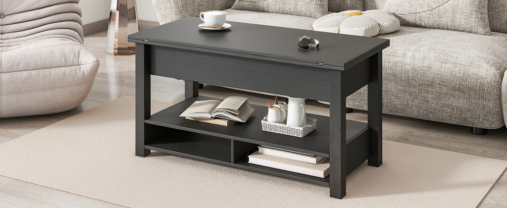 Leoglint [VIDEO provided] ON-TREND Lift Top Coffee Table, Multi-Functional Coffee Table with Open Shelves, Modern Lift Tabletop Dining Table for Living Room, Home Office, Black