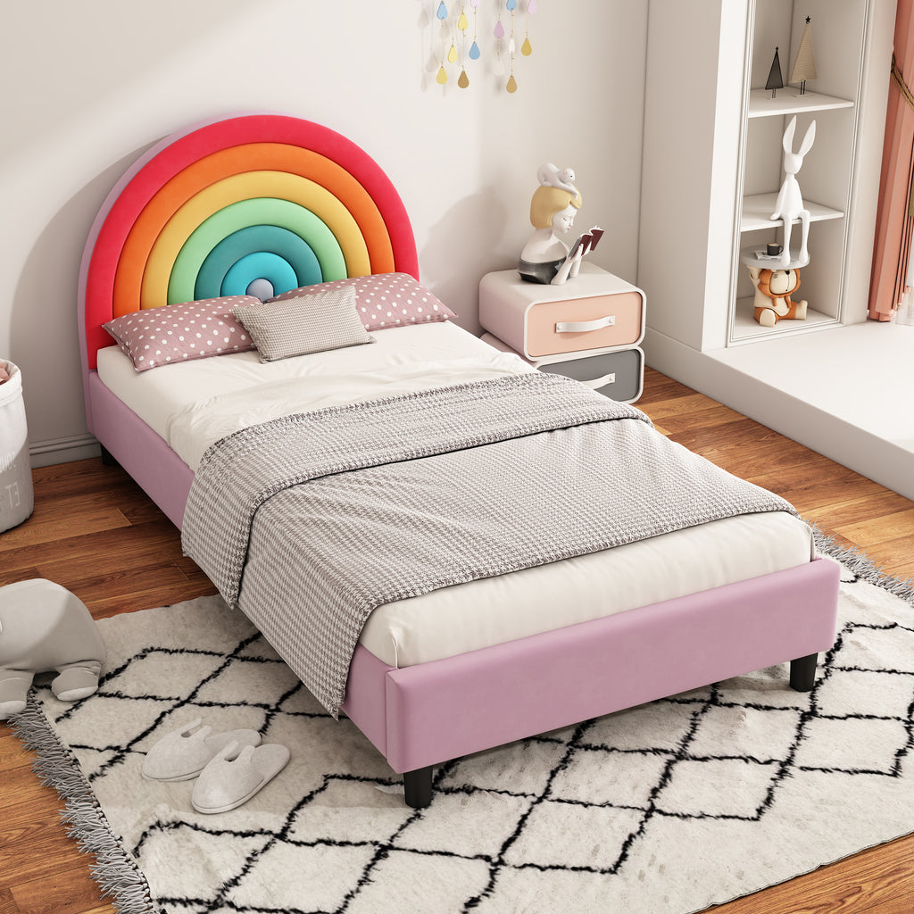 Rainbow Design Upholstered Twin Platform Bed Frame Cute Style Princess Bed for Boys & Girls, Teens, Colorful & Pink