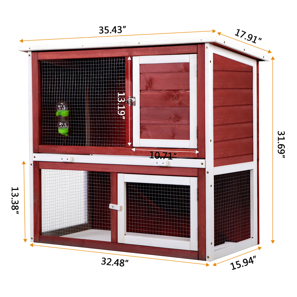 Leoglint Wood Rabbit Hutch, Pet Playpen with 2 Stories, Ramp, Doors, Pull-out Tray, Water Bottle, Outdoor Enclosure for Small Animals Bunnies, Red and White