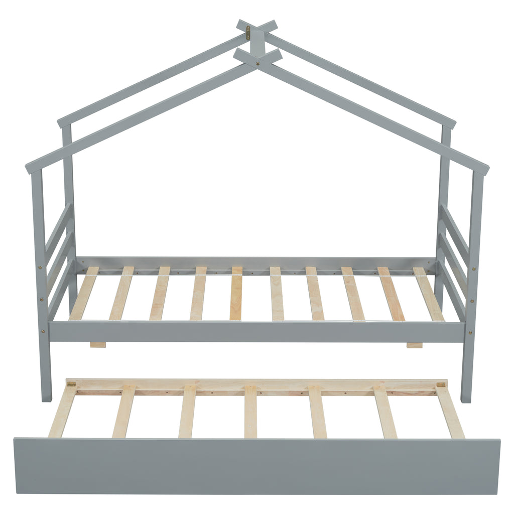 Leoglint Twin Size  House-shaped Bed Frame with Trundle,Grey