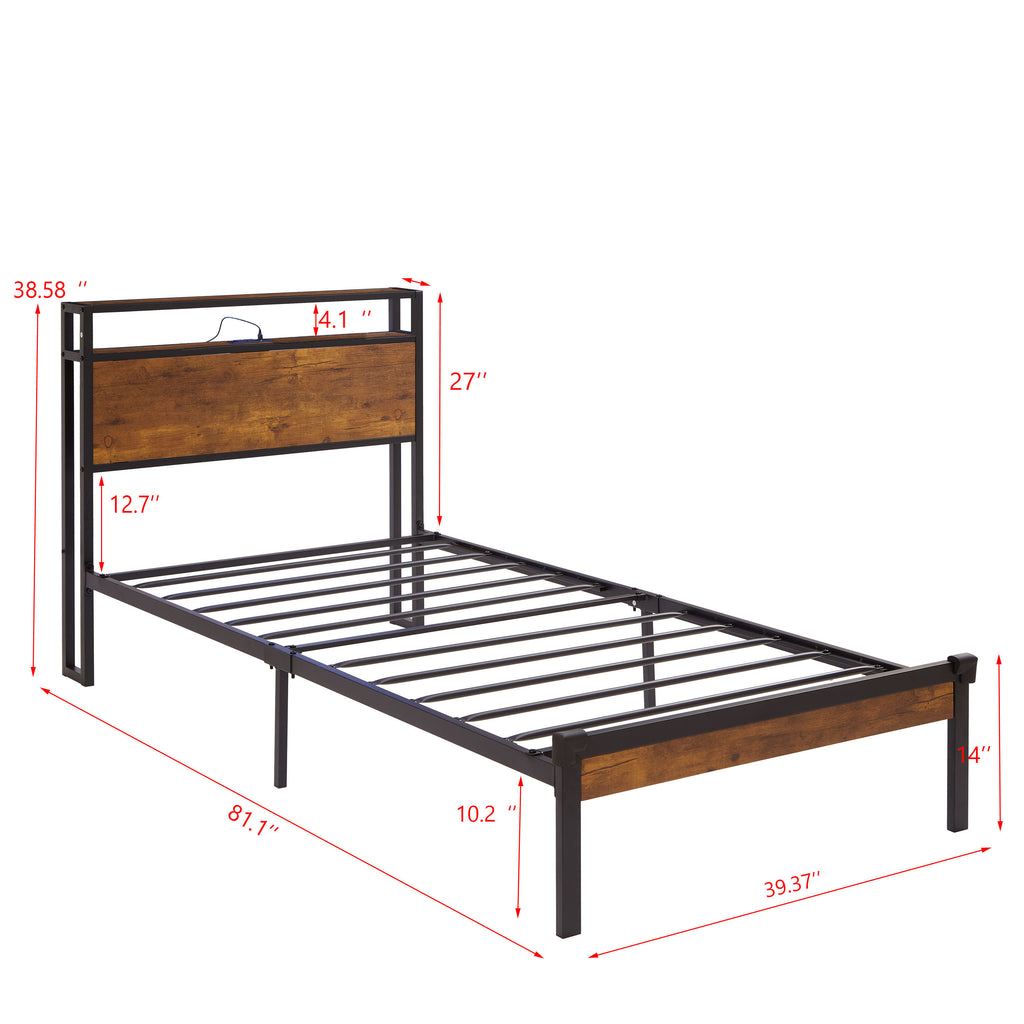 Leoglint Twin Size Metal Platform Bed Frame with Wooden Headboard and Footboard with USB LINER, LED Lights ,No Box Spring Needed, Large Under Bed Storage, Easy Assemble