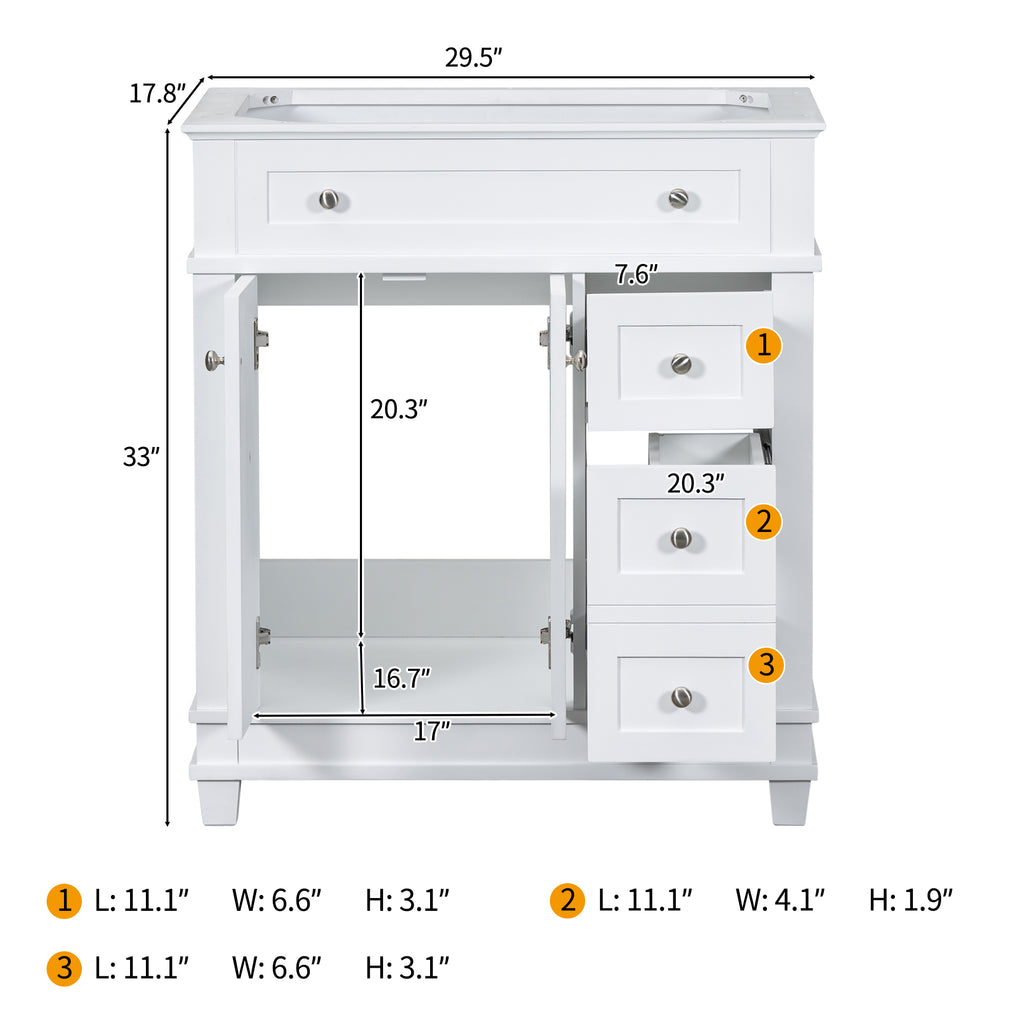 Leoglint 30" Bathroom Vanity Cabinet without Sink, Free Standing Vanity with 2 Drawers& Soft Closing Doors, Solid Wood Frame Bathroom Cabinet, White (NOT INCLUDE SINK)