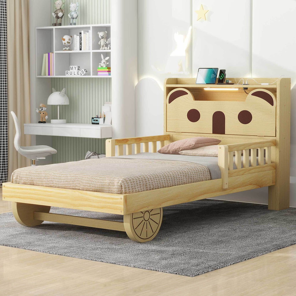 Leoglint Twin Size Car Bed Frame with Bear-Shaped Headboard, USB and LED, Natural