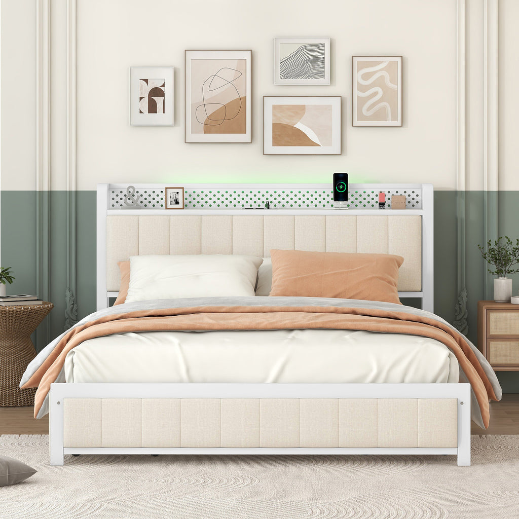 Queen Bed Frame with LED Headboard, Upholstered Bed with 4 Storage Drawers and USB Ports, Beige